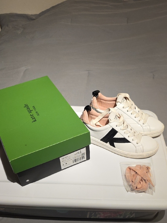 kate spade Shoes - kate spade White Leather Sneakers with Black Side Stripe and Blush Lining